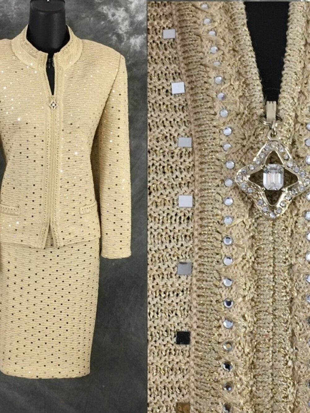 BEAUTIFUL St John evening knit gold shimmer rhinestones embellished skirt suit 8